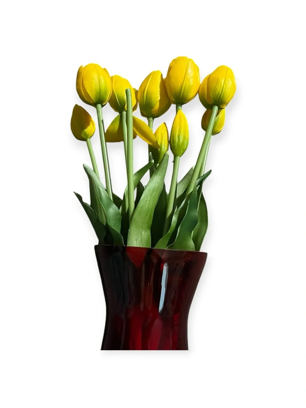 Red Glass Vase with Yellow Tulip Arrangement - Brand